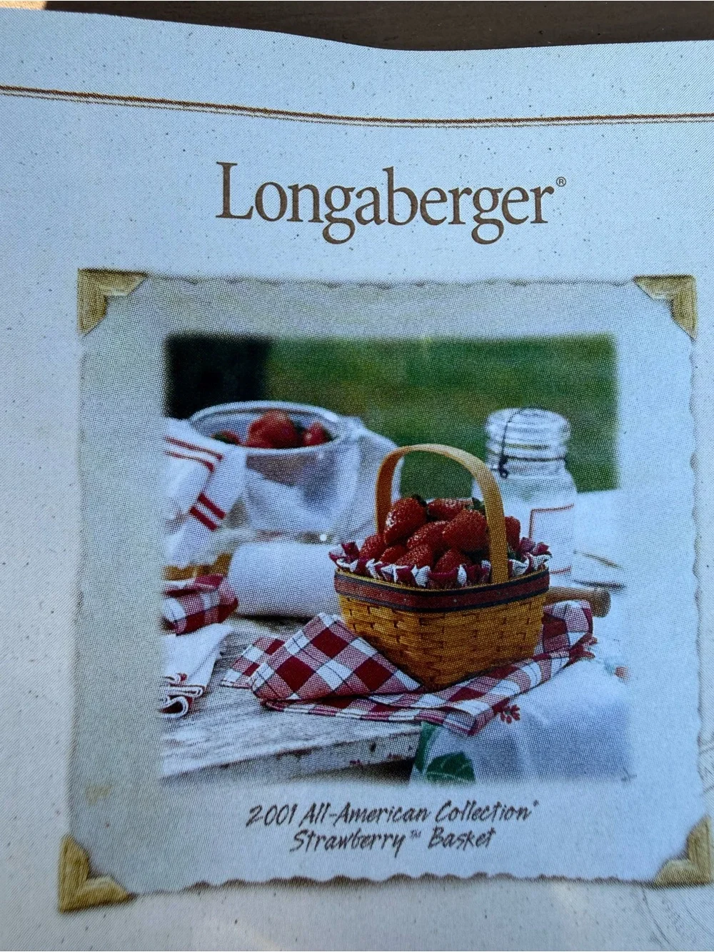Longaberger 2001 All American Strawberry Basket with Plaid Liner & Tie on